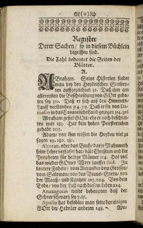 Register Derer Sachen/ so in diesem Büchlein begriffen sind.