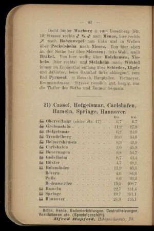 21) Cassel, Hofgeismar, Carlshafen, Hameln, Springe, Hannover
