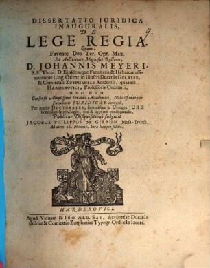 Dissertatio juridica inauguralis De lege regia