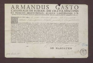 Concessions-Urkunde des Bischofs Armandus Gaston von Straßburg für den Priester Anselm in dem Kloster Schwarzach, ein Testament machen zu dürfen