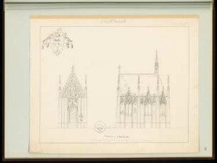 Waldkapelle Monatskonkurrenz März 1862: Aufriss Vorderansicht, Seitenansicht; Maßstabsleiste