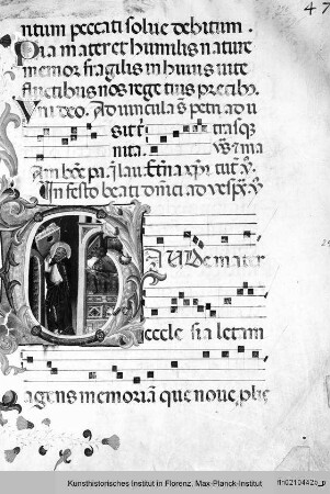 Psalter : Folio mit Bordüre, vierlinigen Neumen und historisierter Initiale Q: Papst Innozenz III träumt, dass der Heilige Dominikus die Lateranskirche stützt