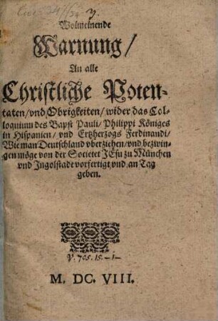 Wolmeinende Warnung wider das Colloquium des Bapst Pauli