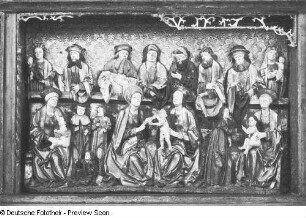 Marienaltar : Marienaltar aus der Nikolaikirche Löbau. Holz, geschnitzt, farbig gefasst, zum Teil vergoldet; 212 x 155 cm, 102 x 274 cm (Predella). Um 1519. Detail: Predella. Bautzen: Stadtmuseum Bautzen R 6759 a