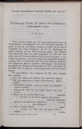 Bestimmungs-Tabelle der blauen oder metallischen Ceutorrhynchus-Arten