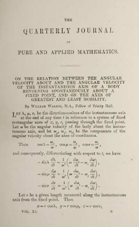 On the relation between the angular velocity about and the angular velocity of the instantaneous axis of a body revolving spontaneously about a fixed point, and on the axes of greatest and least mobility.
