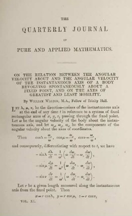 On the relation between the angular velocity about and the angular velocity of the instantaneous axis of a body revolving spontaneously about a fixed point, and on the axes of greatest and least mobility.