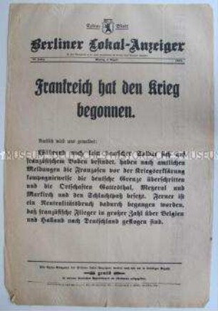 Extra-Blatt des "Berliner Lokal-Anzeiger" zum Beginn des 1. Weltkrieges