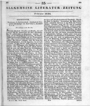 Leonhard, C. C.: Lehrbuch der Geognosie und Geologie. Mit Abbildungen. Stuttgart: Schweizerbart 1835 (Beschluss der im vorigen Stück abgebrochenen Rezension)