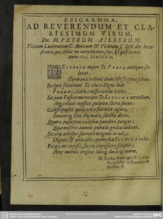 Epigramma, Ad Reverendum Et Clarissimum Virum, Dn. M. Petrum Allberum