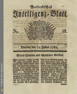 No. 28, Dienstag den 15. Julius 1783