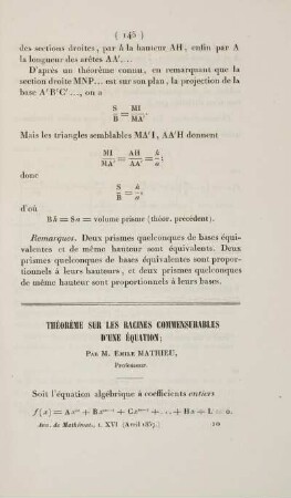 Théorème sur les racines commensurables d'une équation.