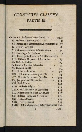 Conspectus Classium Partis III