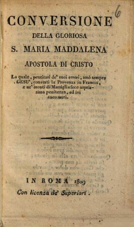 Conversione della gloriosa S. Maria Maddalena apostola di Christo
