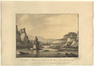 The Castle of Pfaltz on an Island in the Rhine, on the left the Castle of Schonberg, and on the right Gutenfeld Castle, Caub below it
