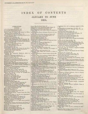INDEX OF CONTENTS JANUARY TO JUNE 1885.