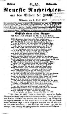 Neueste Nachrichten aus dem Gebiete der Politik. 1857 = Jg. 10, 4 - 6