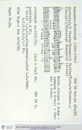 Sinfonia / a / 2 Clarin / Tympani / 2 Violin / Viola / e / Cembalo. / [Incipit] / Christoph Graupner