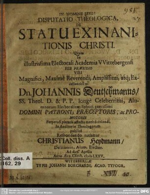 Disputatio theologica, de statu exinanitionis Christi