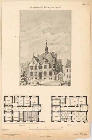 Landratsamt (Kreishaus), Zell/Mosel Monatskonkurrenz Januar 1888: Grundriss Erdgeschoss, 1. Obergeschoss; perspektivische Ansicht; Maßstabsleiste
