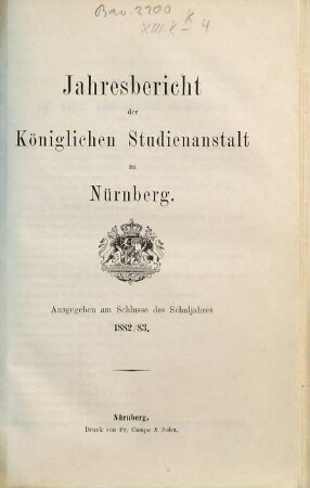Jahresbericht der Königlichen Studienanstalt zu Nürnberg. 1882/83