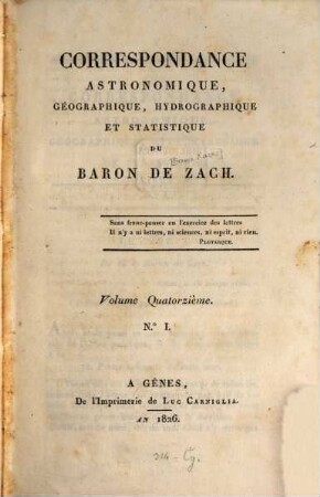 Correspondance astronomique, géographique, hydrographique et statistique. 14. 1826