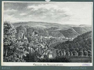 Tharandt, Blick vom Heinrichseck in das Tal der Wilden Weißeritz mit Badehaus (Kaltwasser-Heilanstalt), links Burgruine und Stadt- und Bergkirche, im Hintergrund rechts der Windberg
