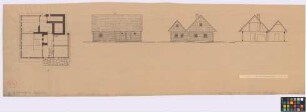 Hüttengut[h (Landkreis Habelschwerdt)]: Kolonistenhaus. Haupthaus (Grundriss, Seiten-Ansicht, Giebel-Ansicht, Querschnitt)