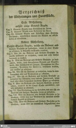Verzeichniß der Abtheilungen und Hauptstücke