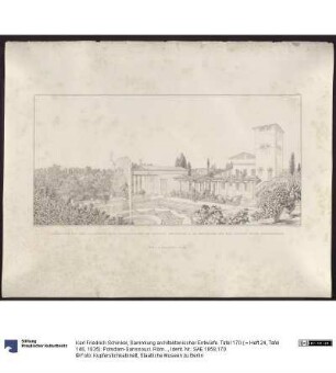 Sammlung architektonischer Entwürfe. Tafel 170 ( = Heft 24, Tafel 146, 1835): Potsdam-Sanssouci. Römische Bäder bei Schloss Charlottenhof, Gärtnerhaus vom Dach des Bades aus gesehen