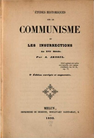 Études historiques sur le communisme et les insurrections au XVIe siècle