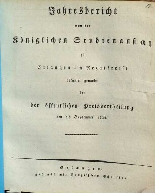 Jahresbericht über die Königliche Studienanstalt zu Erlangen : für das Studienjahr .... 1821/22