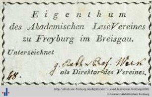 [Provenienz]: Akademischer Leseverein zu Freyburg im Breisgau