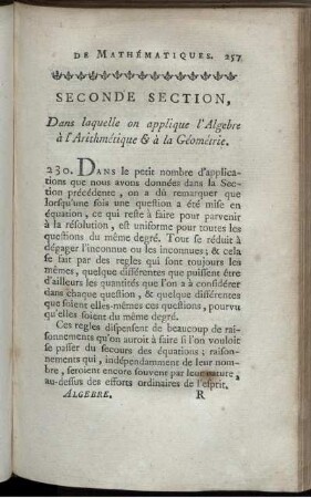 Seconde Section. Dans laquelle on applique l'Algebre à l'Arithmétique & à la Géométrie.