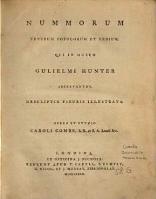 Nummorum Veterum Populorum Et Urbium, Qui In Museo Gulielmi Hunter Asservantur : Descriptio Figuris Illustrata