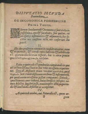 Disputatio Secunda Pomeridiana. De Oeconomica Possesione