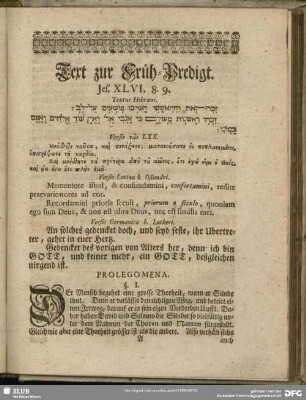Text zur Früh-Predigt. Jes. XLVI, 8. 9