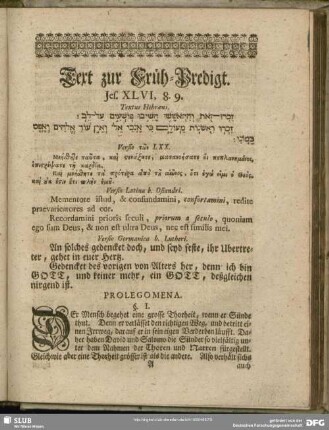 Text zur Früh-Predigt. Jes. XLVI, 8. 9