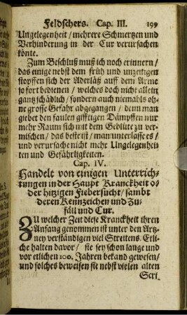 Cap. IV. Handelt von einigen Unterrichtungen in der Haupt Kranckheit oder hitzigen Fiebersucht/ sambt deren Kennzeichen und Zufäll und Cur