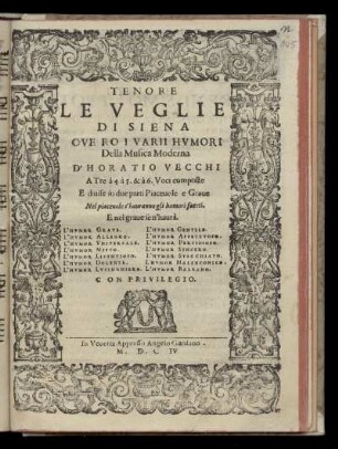 Orazio Vecchi: Le Veglie di Siena ... Tenore