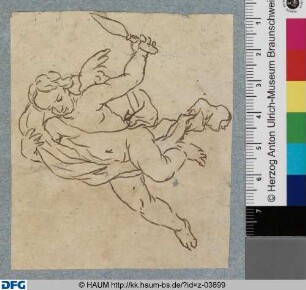 Schwebender Putto ein Messer haltend