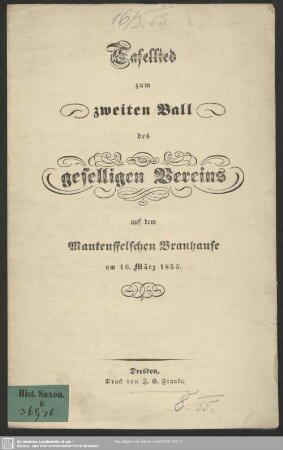 Tafellied zum zweiten Ball des geselligen Vereins auf dem Manteuffelschen Brauhause 16. März 1855