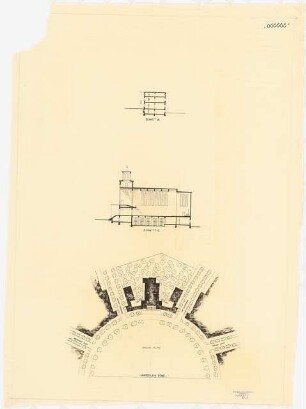 Johanneskirche, Berlin-Frohnau: Schnitt B, Schnitt C, Lageplan 1:500
