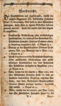 Geschichte aller Feyerlichkeiten und Handlungen, welche bey höchster Gegenwart Sr. Päbstlichen Heiligkeit Pius dem VI. in des H. Röm. Reichsstadt Augsburg vorgefallen