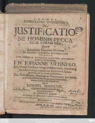 Dissertatio Theologica De Iustificatione Hominis Peccatoris Coram Deo