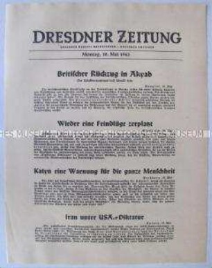 Nachrichtenblatt der "Dresdner Zeitung" u.a. über den Gesundheitszustand von Feldmarschall Mannerheim und über das Massaker von Katyn