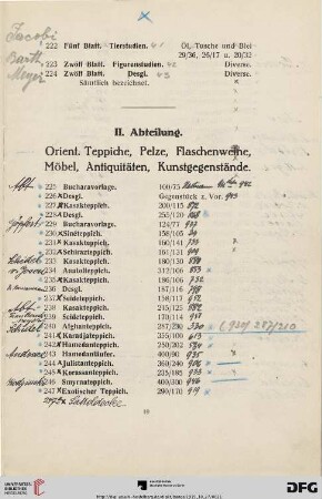 II. Abteilung: Orient. Teppiche, Pelze, Flaschenweine, Möbel, Antiquitäten, Kunstgegenstände (Nr. 225 - 461)