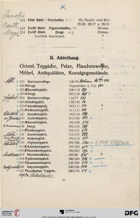 II. Abteilung: Orient. Teppiche, Pelze, Flaschenweine, Möbel, Antiquitäten, Kunstgegenstände (Nr. 225 - 461)