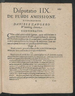 Disputatio IIX. De Feudi Amissione. Respondente Daniele Zangero Wittenberg. Saxone.