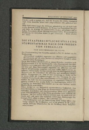 Die staatsrechtliche Stellung Südwestafrikas nach dem Frieden von Verailles
